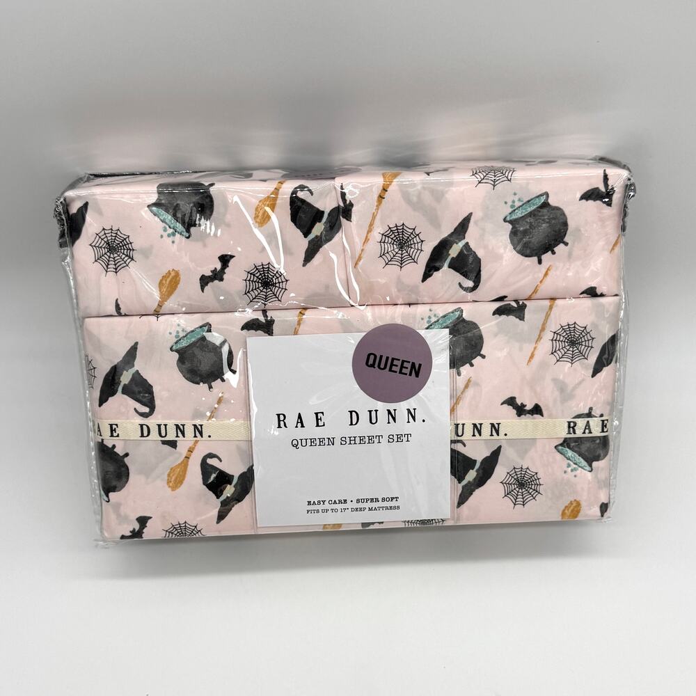 Rae Dunn 4 pc QUEEN Pink Halloween Sheet Set Cauldron Witch Hat Bats Broom NEW